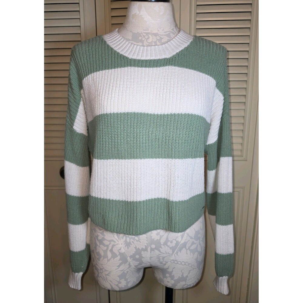 Hollister Women's Sweater Size Lg Chunky Cropped Green/White Striped Preppy